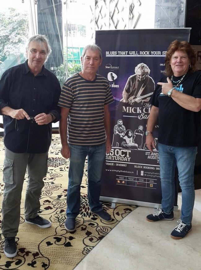 The Mick Clarke Band with poster for Simply The Blues, Mumbai - October 2014 Photo by Anil Mehta